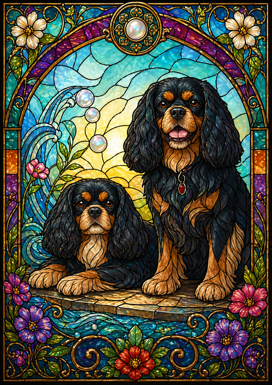 Faithful Companions custom digital artwork featuring two black-and-tan dogs in a stained-glass style